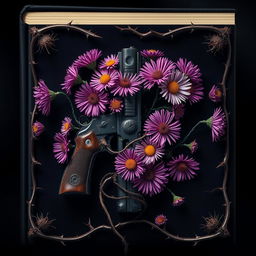 A captivating book cover design featuring a gun at the center, elegantly intertwined with vibrant aster flowers and twisted veins