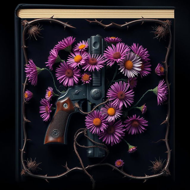 A captivating book cover design featuring a gun at the center, elegantly intertwined with vibrant aster flowers and twisted veins