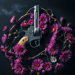 A captivating book cover design featuring a gun at the center, elegantly intertwined with vibrant aster flowers and twisted veins