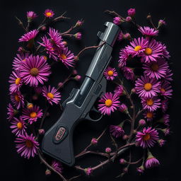 A captivating book cover design featuring a gun at the center, elegantly intertwined with vibrant aster flowers and twisted veins