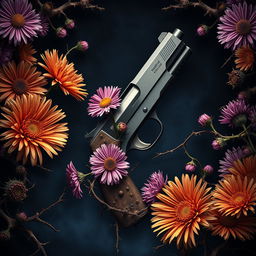 A captivating book cover design featuring a gun at the center, elegantly intertwined with vibrant aster flowers and twisted veins