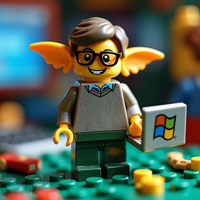 A whimsical LEGO minifigure representation of Bill Gates, transformed to appear more gremlin-like, standing on a playful baseplate