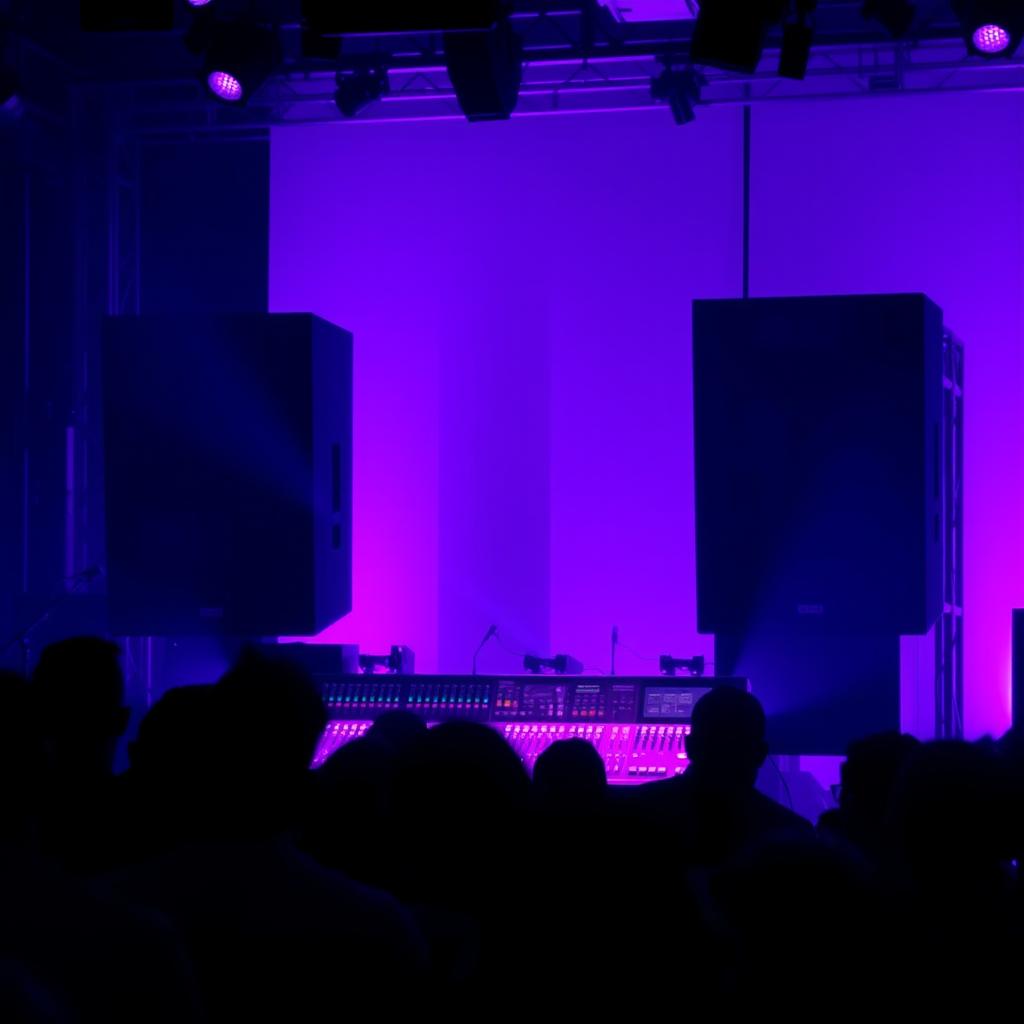 A vibrant scene with a purple-lit background, featuring striking silhouettes of large speakers and a detailed sound engineer's console