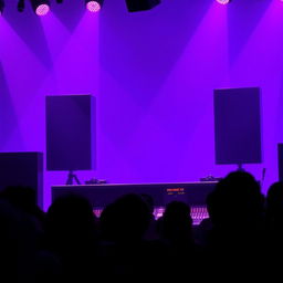 A vibrant scene with a purple-lit background, featuring striking silhouettes of large speakers and a detailed sound engineer's console