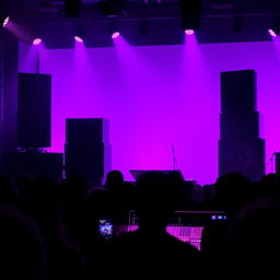 A vibrant scene with a purple-lit background, featuring striking silhouettes of large speakers and a detailed sound engineer's console