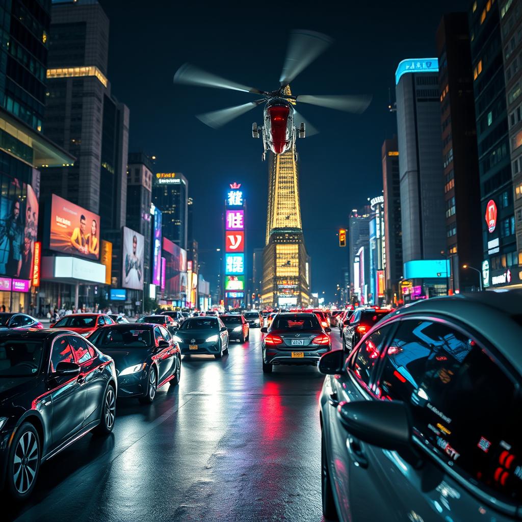 A bustling cityscape at night with vibrant lights, showcasing sleek modern cars on the streets