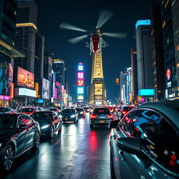 A bustling cityscape at night with vibrant lights, showcasing sleek modern cars on the streets