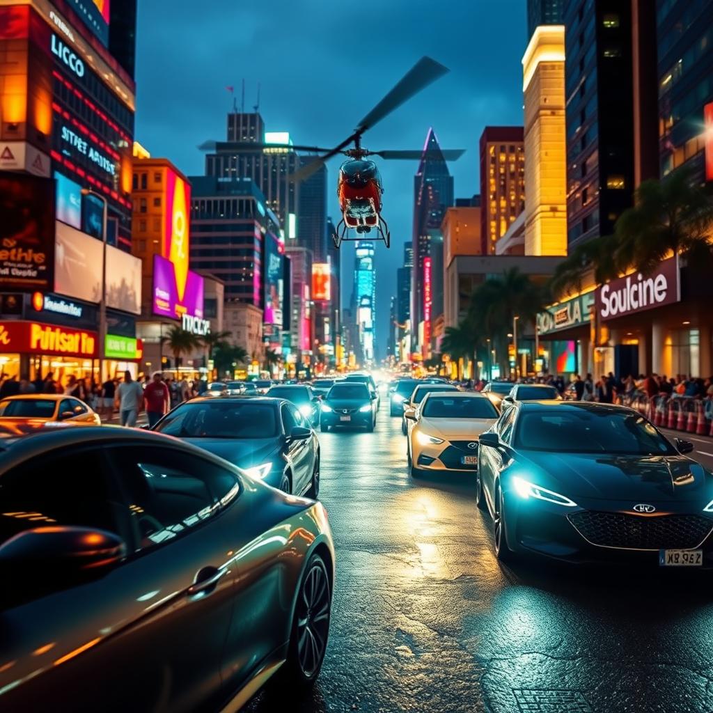 A bustling cityscape at night with vibrant lights, showcasing sleek modern cars on the streets