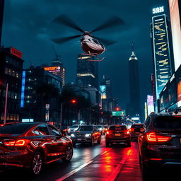 A bustling cityscape at night with vibrant lights, showcasing sleek modern cars on the streets