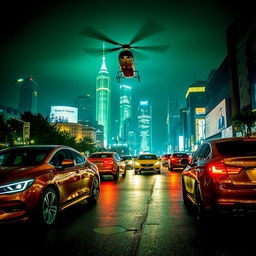 A bustling cityscape at night with vibrant lights, showcasing sleek modern cars on the streets