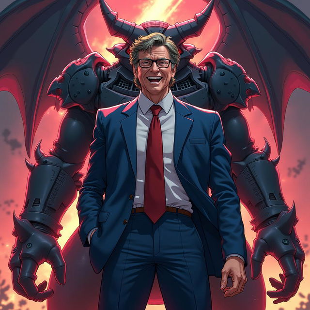 An anime-style portrayal of Bill Gates, depicted in the intense and flamboyant style of JoJo's Bizarre Adventure