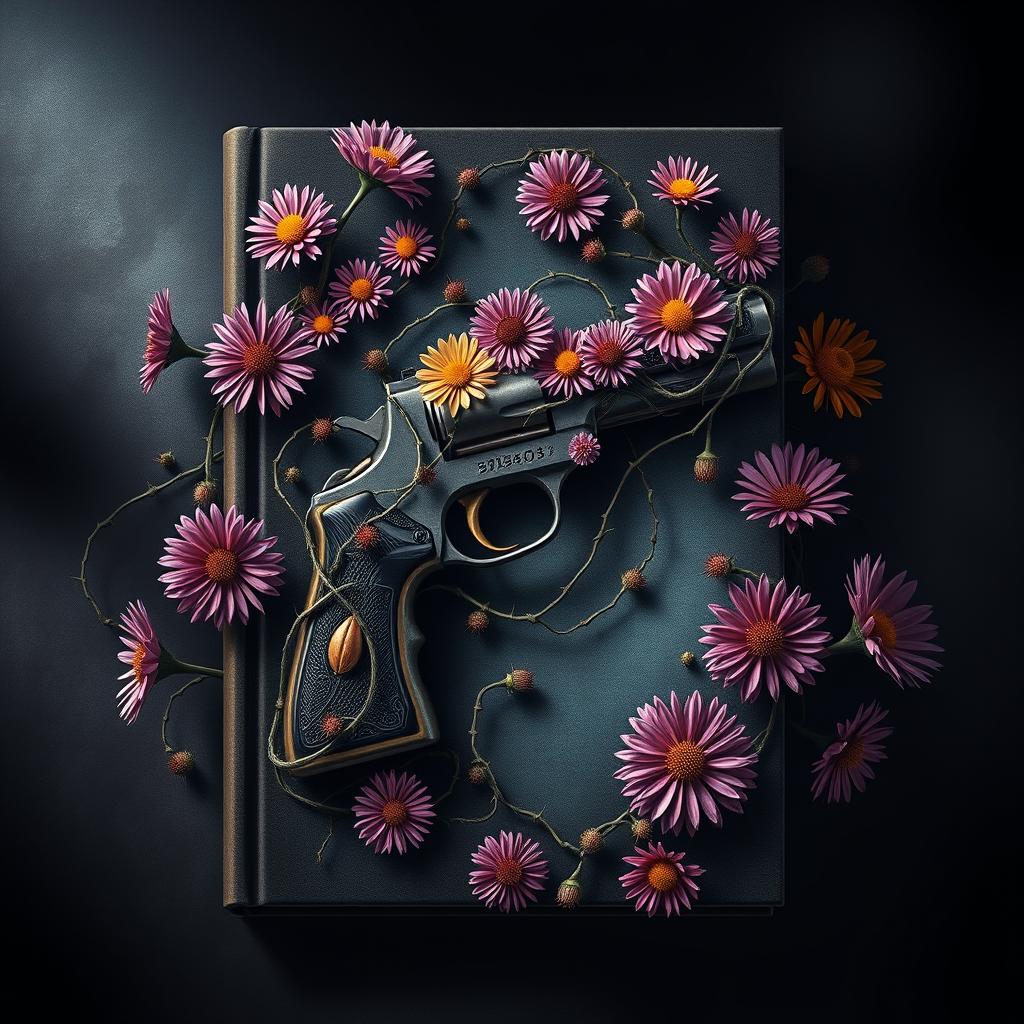 An imaginative book cover design featuring a central gun, intricately wrapped with colorful aster flowers and twisted veins