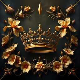 An enchanting book cover design featuring a golden crown at the center, beautifully adorned with elegant iris flowers and twisted veins