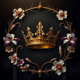 An enchanting book cover design featuring a golden crown at the center, beautifully adorned with elegant iris flowers and twisted veins