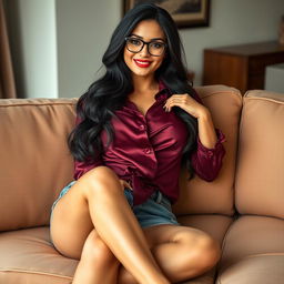 A stunning MILF with an alluring, sexy body, casually lounging on a couch while wearing shorts jeans and an elegant wine-colored blouse