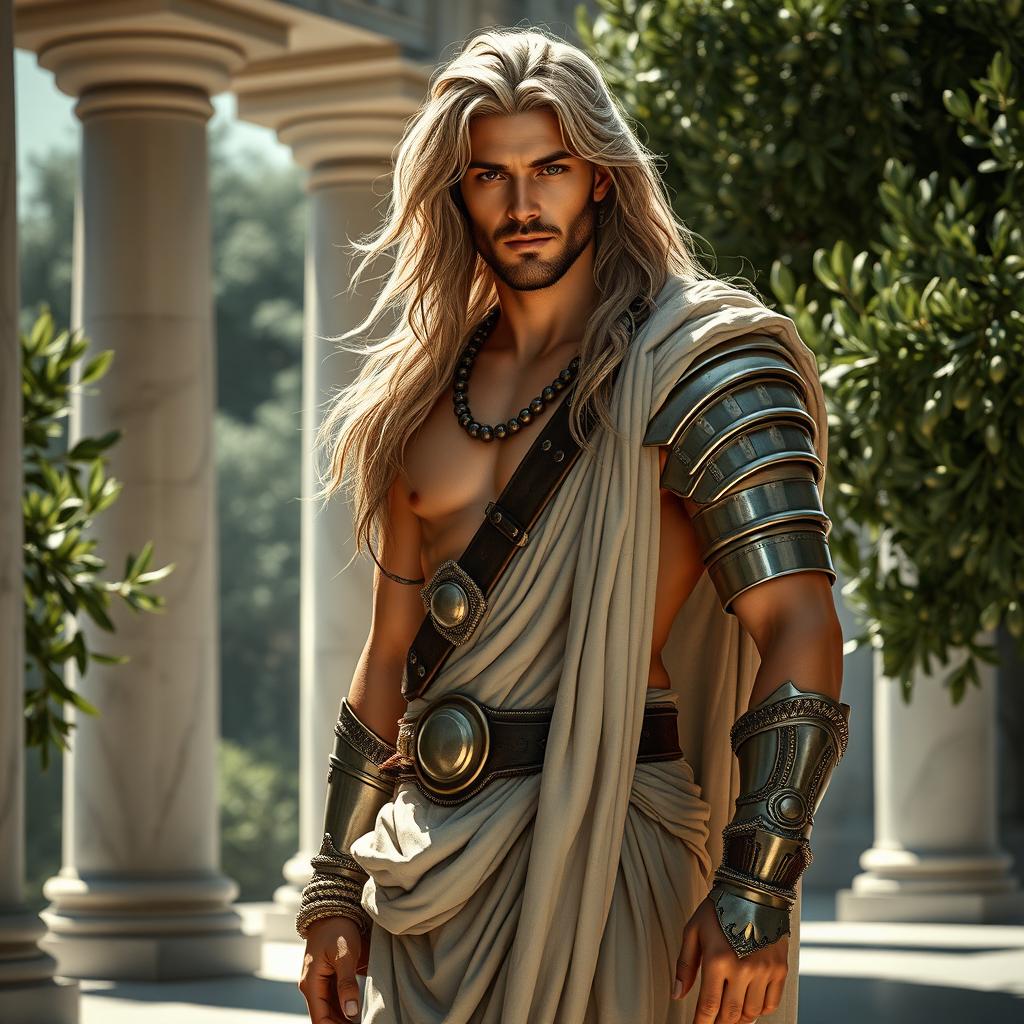 A male character inspired by Johnny Silverhand portrayed as an ancient Greek mythology figure