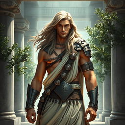 A male character inspired by Johnny Silverhand portrayed as an ancient Greek mythology figure