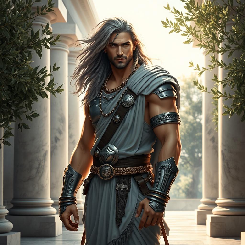 A male character inspired by Johnny Silverhand portrayed as an ancient Greek mythology figure