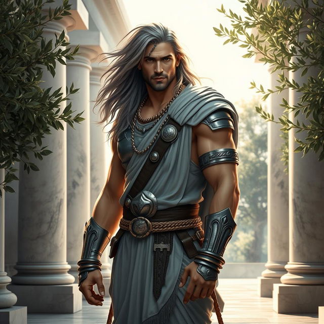 A male character inspired by Johnny Silverhand portrayed as an ancient Greek mythology figure