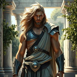 A male character inspired by Johnny Silverhand portrayed as an ancient Greek mythology figure