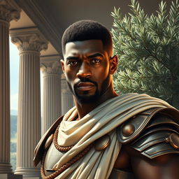 A portrait of a male character inspired by Idris Elba envisioned as an ancient Greek mythology figure