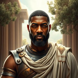 A portrait of a male character inspired by Idris Elba envisioned as an ancient Greek mythology figure