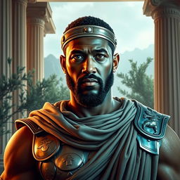 A portrait of a male character inspired by Idris Elba envisioned as an ancient Greek mythology figure