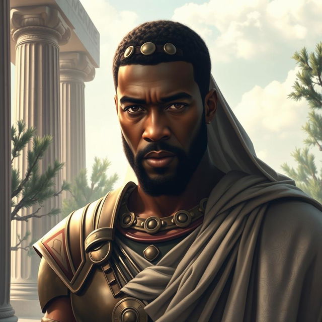 A portrait of a male character inspired by Idris Elba envisioned as an ancient Greek mythology figure