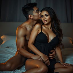 a 19-year-old Indonesian man with an athletic body and pure white skin, hugging a beautiful 38-year-old woman with a sexy and sturdy body from behind