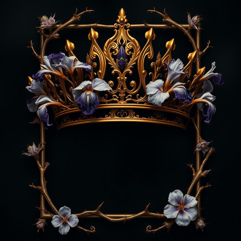 A dark romance book cover featuring a luxurious golden crown adorned with graceful iris flowers and twisted veins