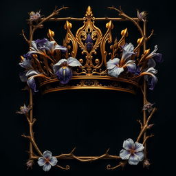 A dark romance book cover featuring a luxurious golden crown adorned with graceful iris flowers and twisted veins