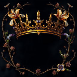 A dark romance book cover featuring a luxurious golden crown adorned with graceful iris flowers and twisted veins