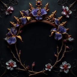 A dark romance book cover featuring a luxurious golden crown adorned with graceful iris flowers and twisted veins