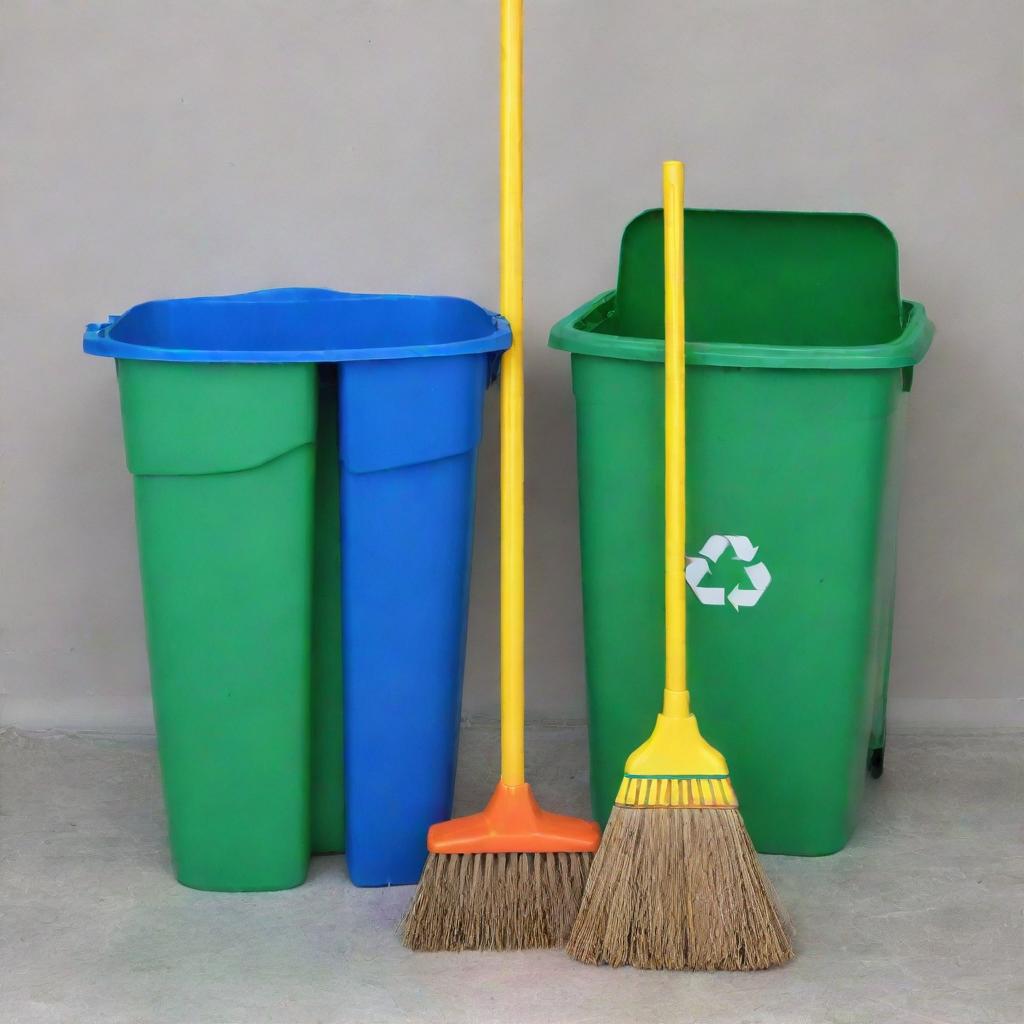 Redesign the image to now include a cartoonish DIY recycled plastic broom and recycling bin.