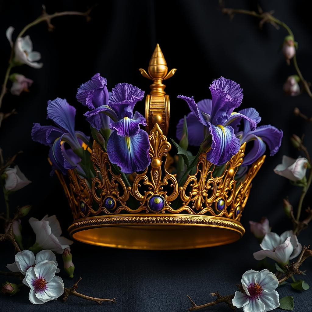 A dark romance book cover featuring an opulent golden crown adorned with delicate iris flowers and twisted veins, symbolizing passion and mystery