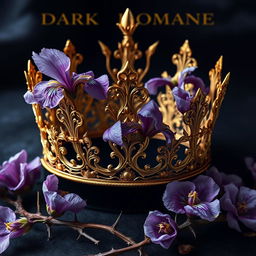 A dark romance book cover featuring an opulent golden crown adorned with delicate iris flowers and twisted veins, symbolizing passion and mystery