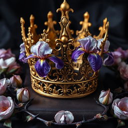 A dark romance book cover featuring an opulent golden crown adorned with delicate iris flowers and twisted veins, symbolizing passion and mystery