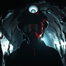 A haunting and atmospheric scene inspired by "My Bloody Valentine" film, featuring a menacing miner in a dimly lit and claustrophobic tunnel