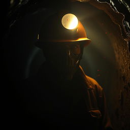 A haunting and atmospheric scene inspired by "My Bloody Valentine" film, featuring a menacing miner in a dimly lit and claustrophobic tunnel