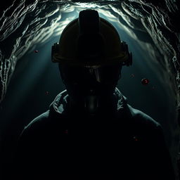 A haunting and atmospheric scene inspired by "My Bloody Valentine" film, featuring a menacing miner in a dimly lit and claustrophobic tunnel