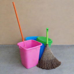 Redesign the image to now include a cartoonish DIY recycled plastic broom and recycling bin.