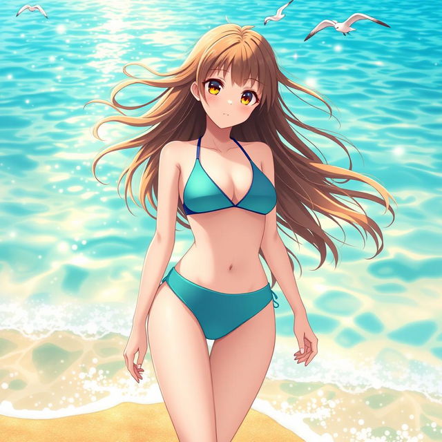 Anime girl wearing a stylish swimsuit, standing on a sunny beach