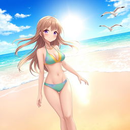 Anime girl wearing a stylish swimsuit, standing on a sunny beach