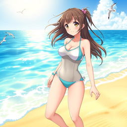 Anime girl wearing a stylish swimsuit, standing on a sunny beach