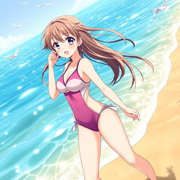 Anime girl wearing a stylish swimsuit, standing on a sunny beach