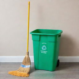 Redesign the image to now include a cartoonish DIY recycled plastic broom and recycling bin.