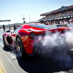 A powerful and aggressive LaFerrari drag car, captured at a drag strip performing an intense burnout