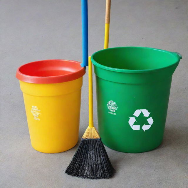 Redesign the image to now include a cartoonish DIY recycled plastic broom and recycling bin.