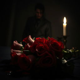 A chilling Valentine's Day horror movie scene, capturing a blood-soaked bouquet of roses on a dark, ominous table