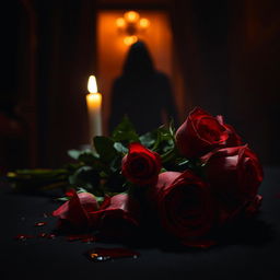 A chilling Valentine's Day horror movie scene, capturing a blood-soaked bouquet of roses on a dark, ominous table